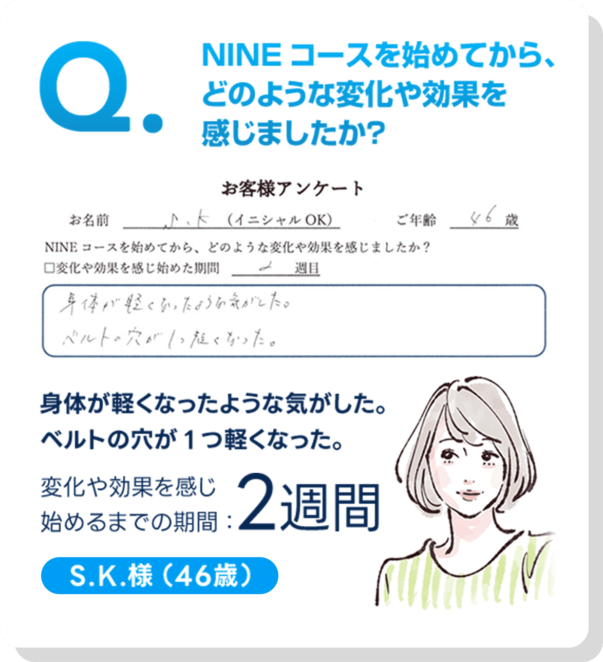 NINEコースを始めてから、どのような変化や効果を感じましたか？,身体が軽くなったような気がした。ベルトの穴が1つ軽くなった。